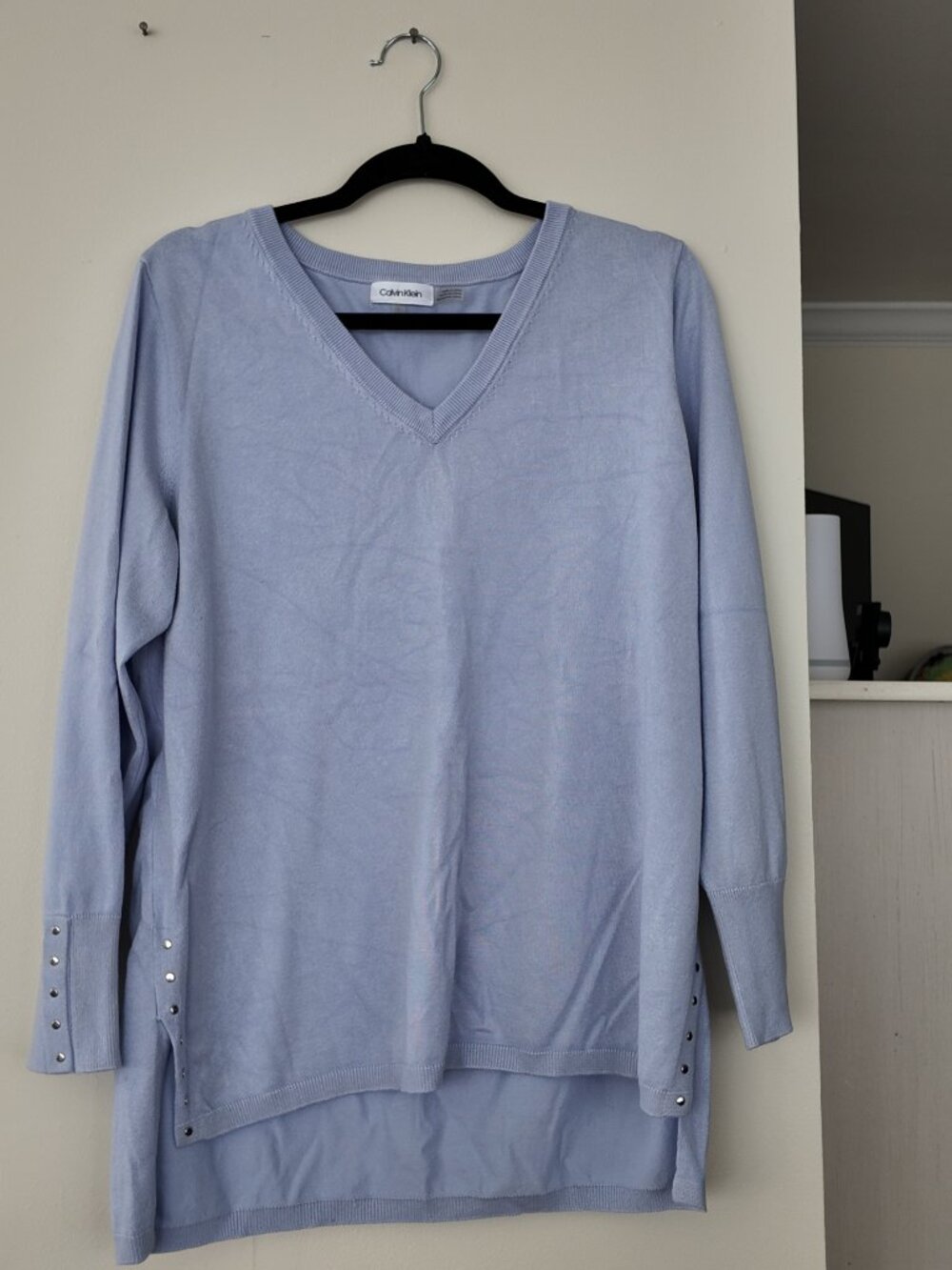 Calvin Klein Periwinkle Blue V-Neck Sweater Silver Stud Detail Side Slits